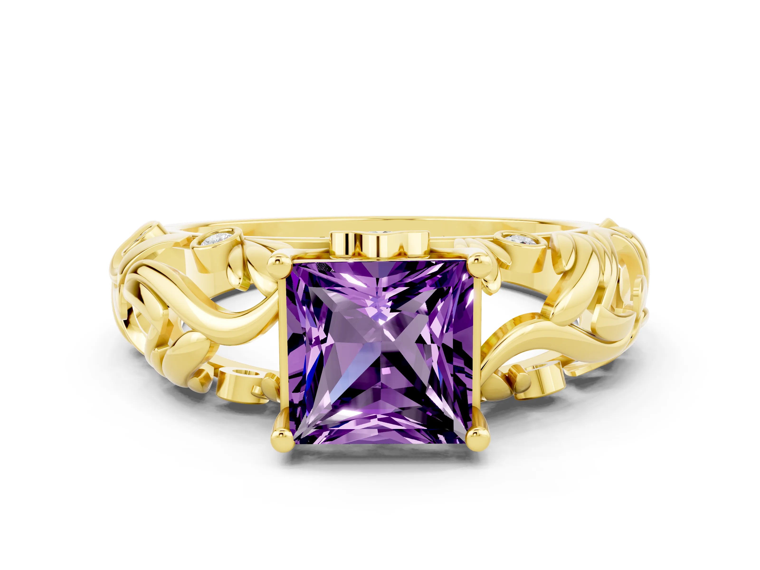 Yellow gold Princess Cut Solitaire Amethyst Leaf-Inspired Vine Band Ring with Prong Setting