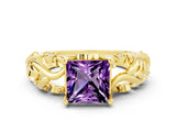 Yellow gold Princess Cut Solitaire Amethyst Leaf-Inspired Vine Band Ring with Prong Setting