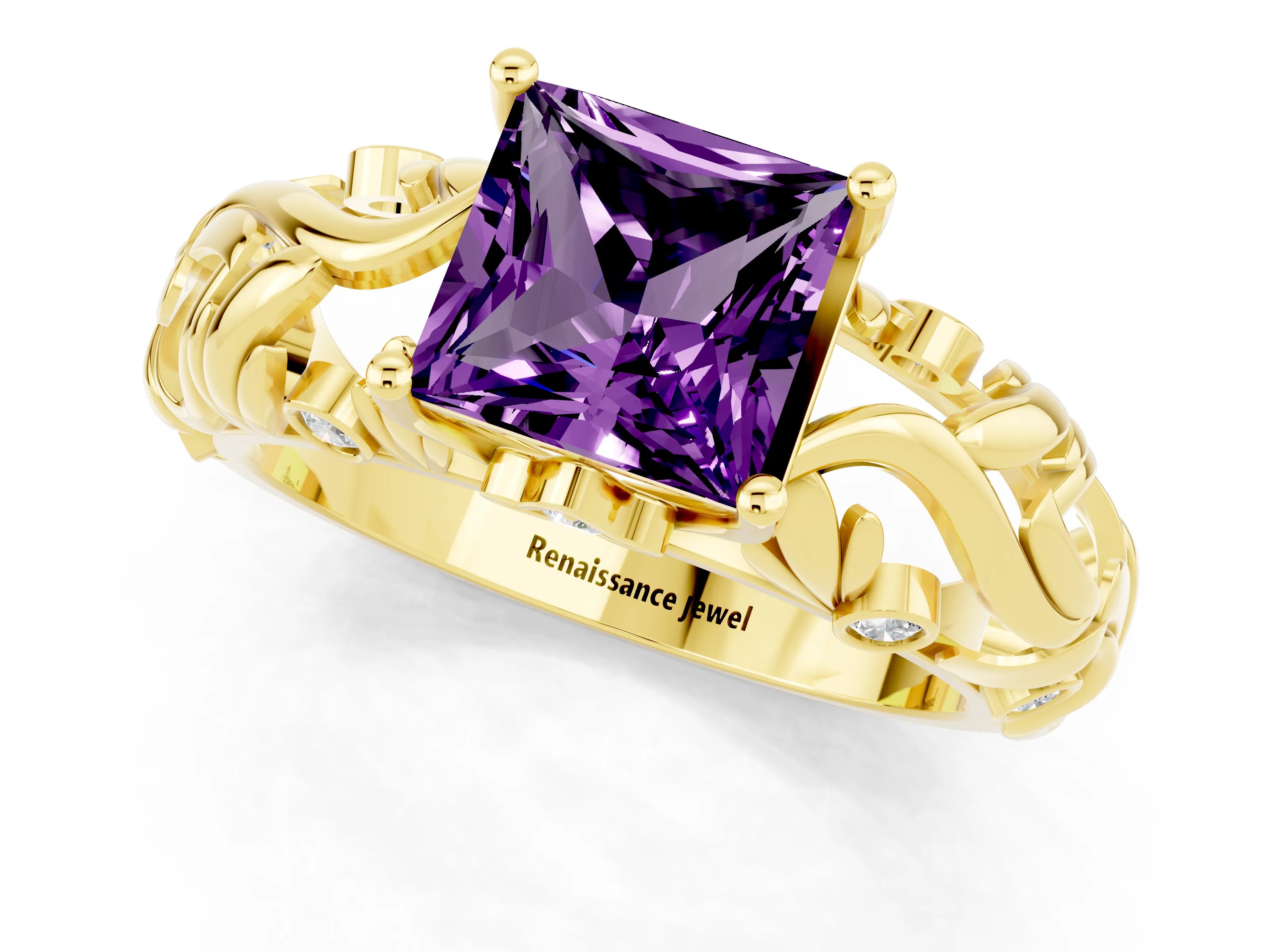 Yellow gold Princess Cut Solitaire Amethyst Leaf-Inspired Vine Band Ring with Prong Setting_1