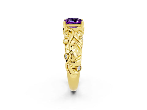 Yellow gold Princess Cut Solitaire Amethyst Leaf-Inspired Vine Band Ring with Prong Setting_2