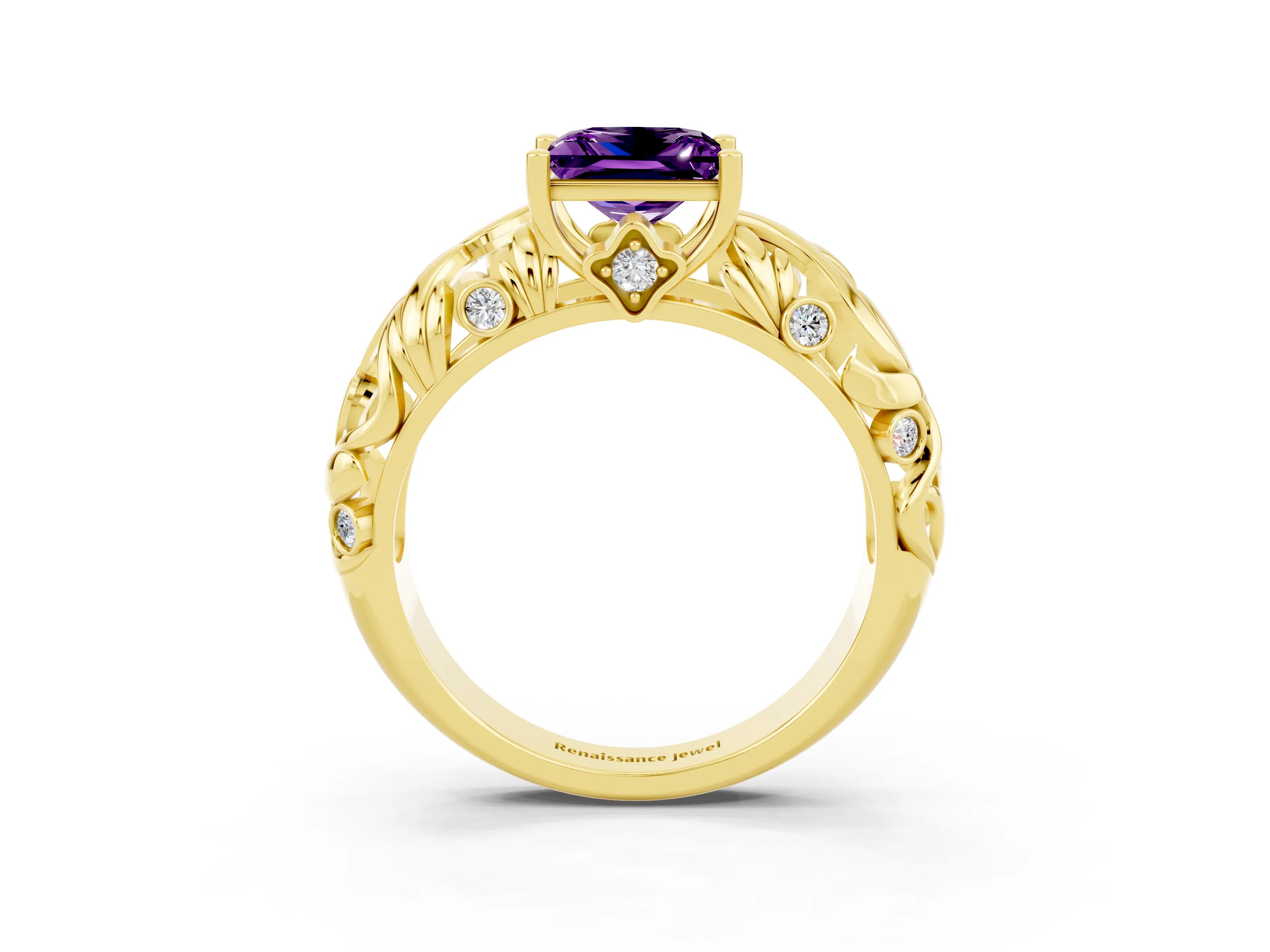 Yellow gold Princess Cut Solitaire Amethyst Leaf-Inspired Vine Band Ring with Prong Setting_3
