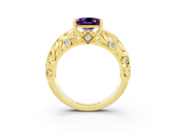 Yellow gold Princess Cut Solitaire Amethyst Leaf-Inspired Vine Band Ring with Prong Setting