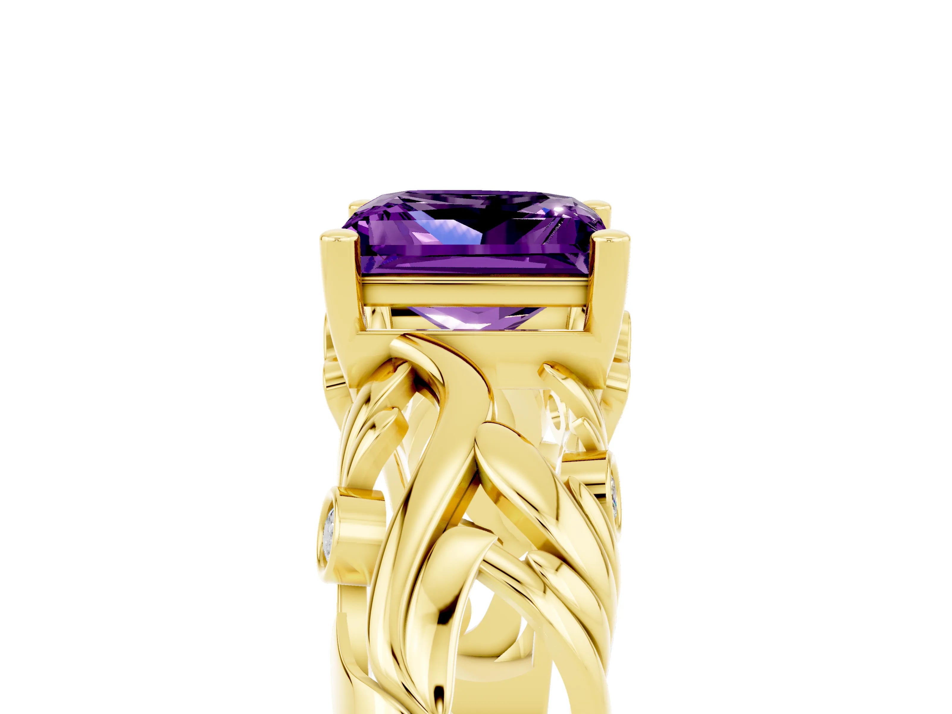Yellow gold Princess Cut Solitaire Amethyst Leaf-Inspired Vine Band Ring with Prong Setting_5