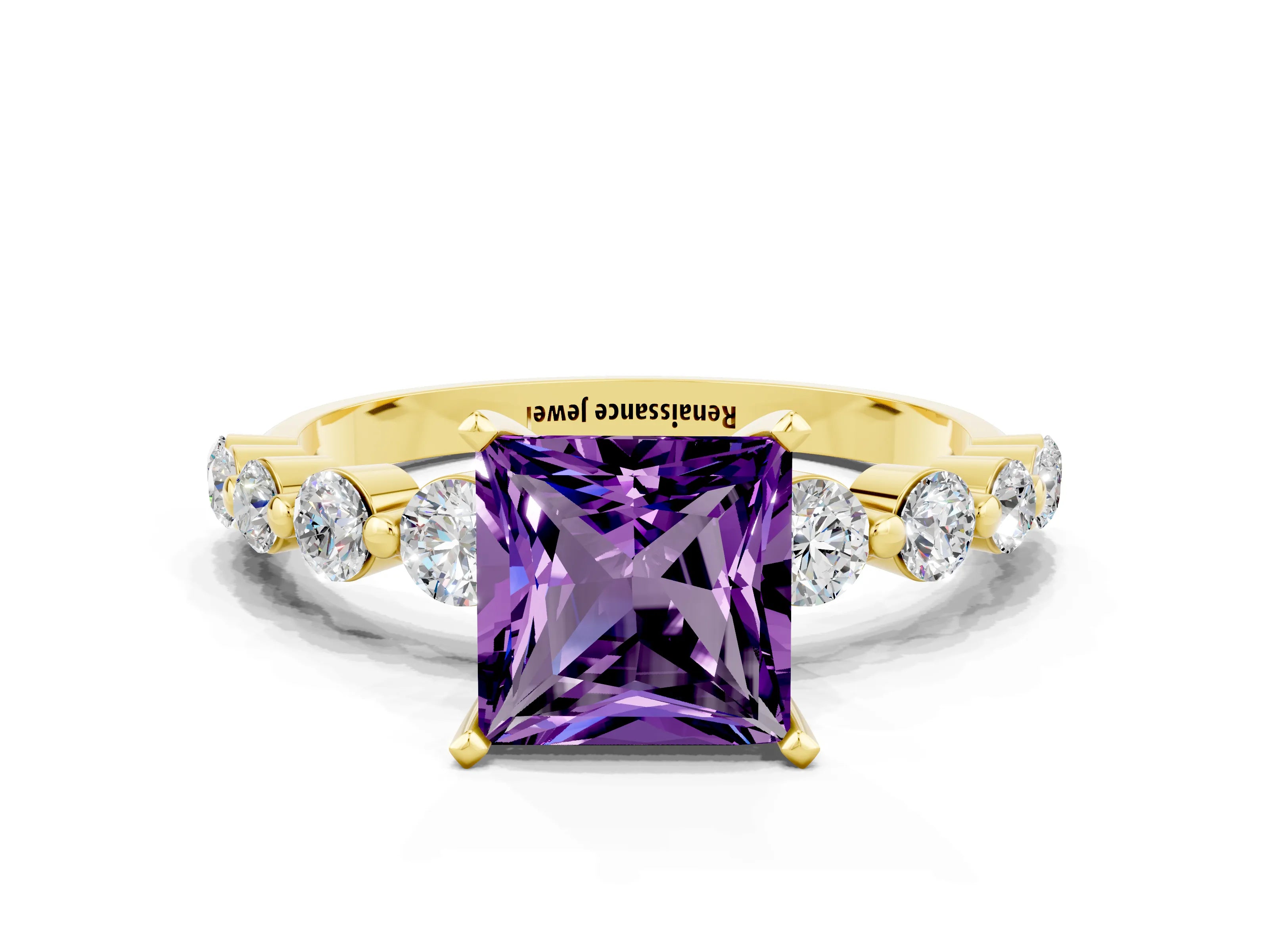 Yellow gold Princess Cut Solitaire Amethyst Ring with Pave Band and Four-Prong Setting