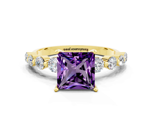 Yellow gold Princess Cut Solitaire Amethyst Ring with Pave Band and Four-Prong Setting
