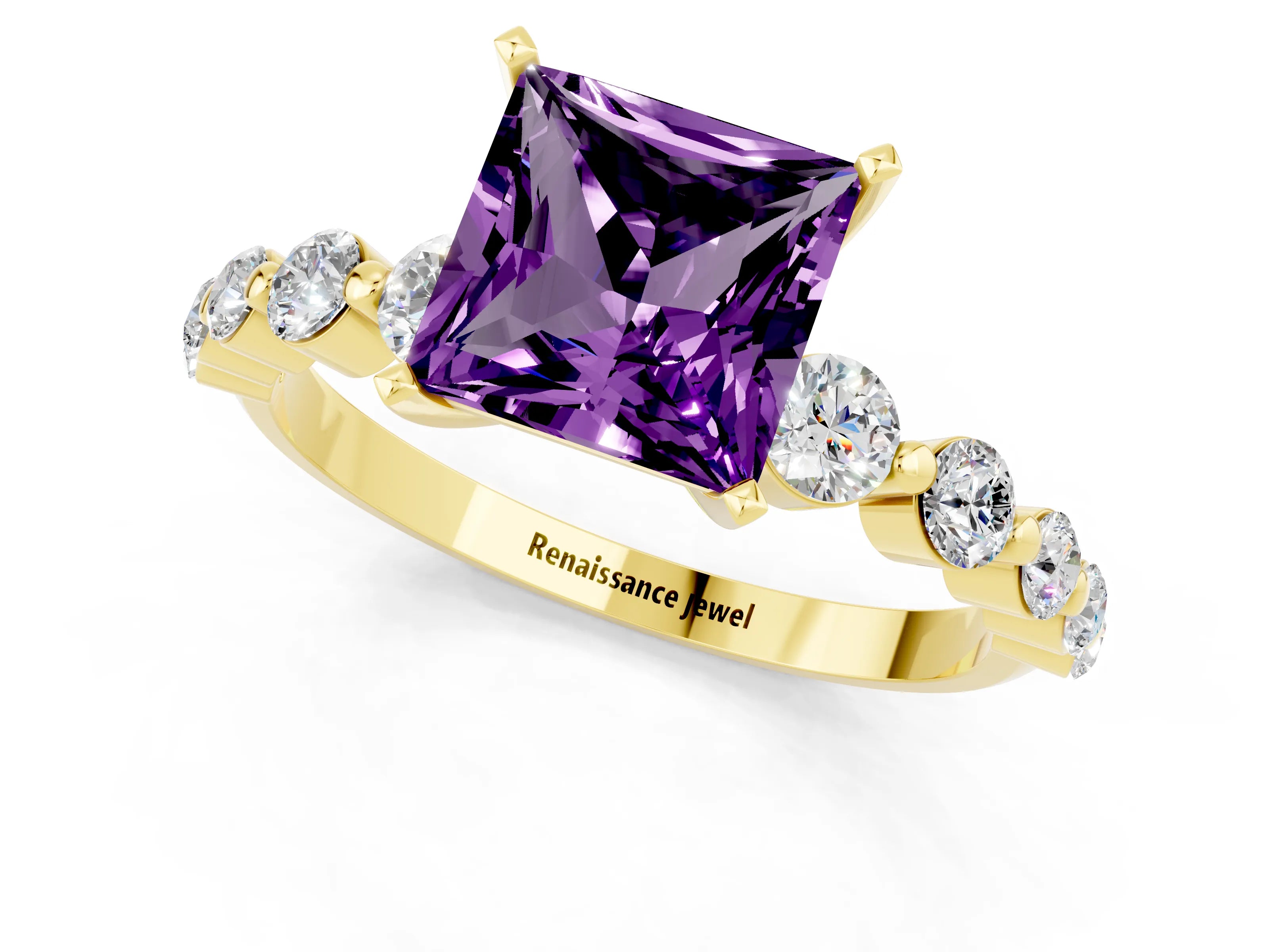 Yellow gold Princess Cut Solitaire Amethyst Ring with Pave Band and Four-Prong Setting_1