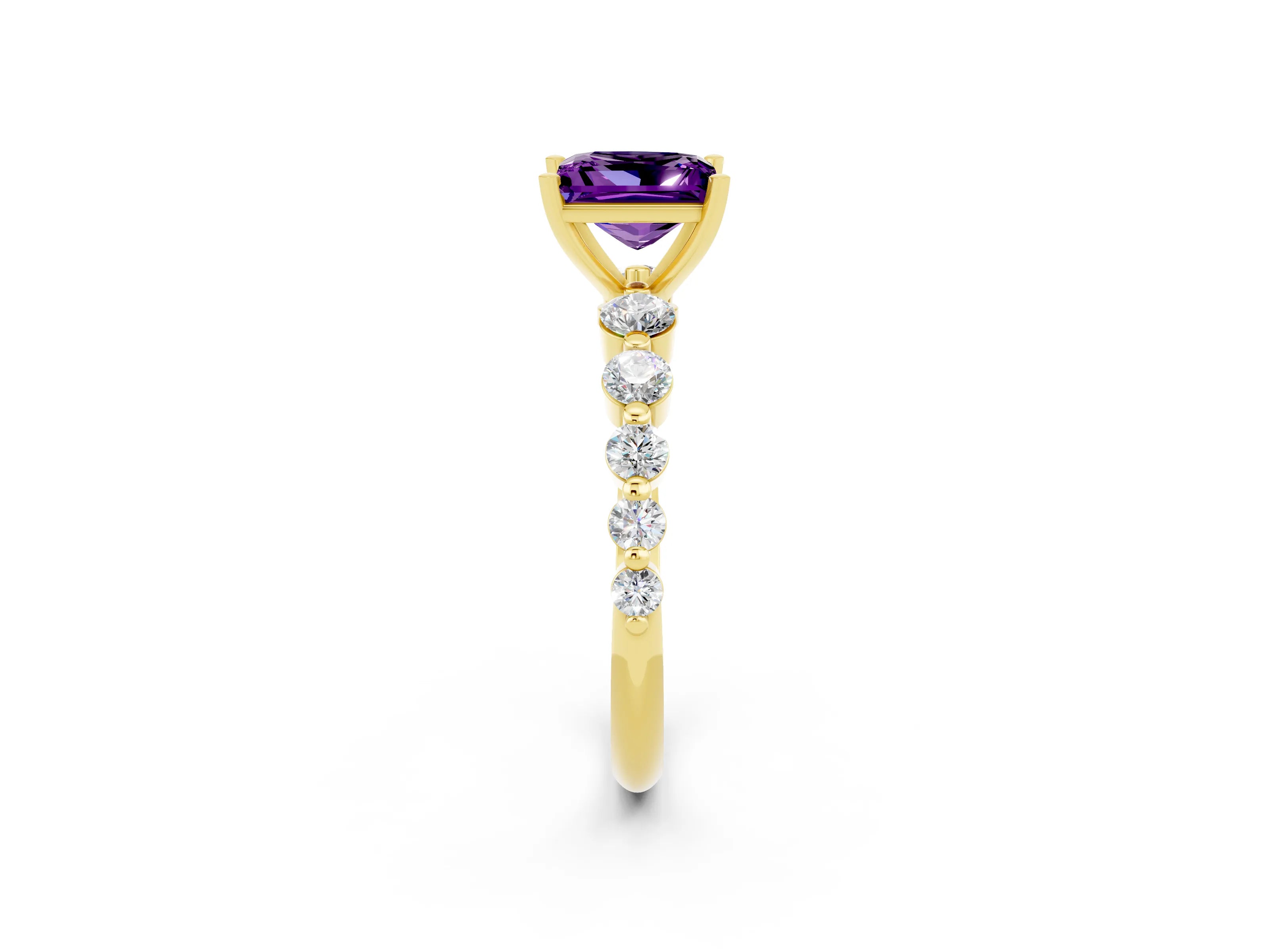 Yellow gold Princess Cut Solitaire Amethyst Ring with Pave Band and Four-Prong Setting_2