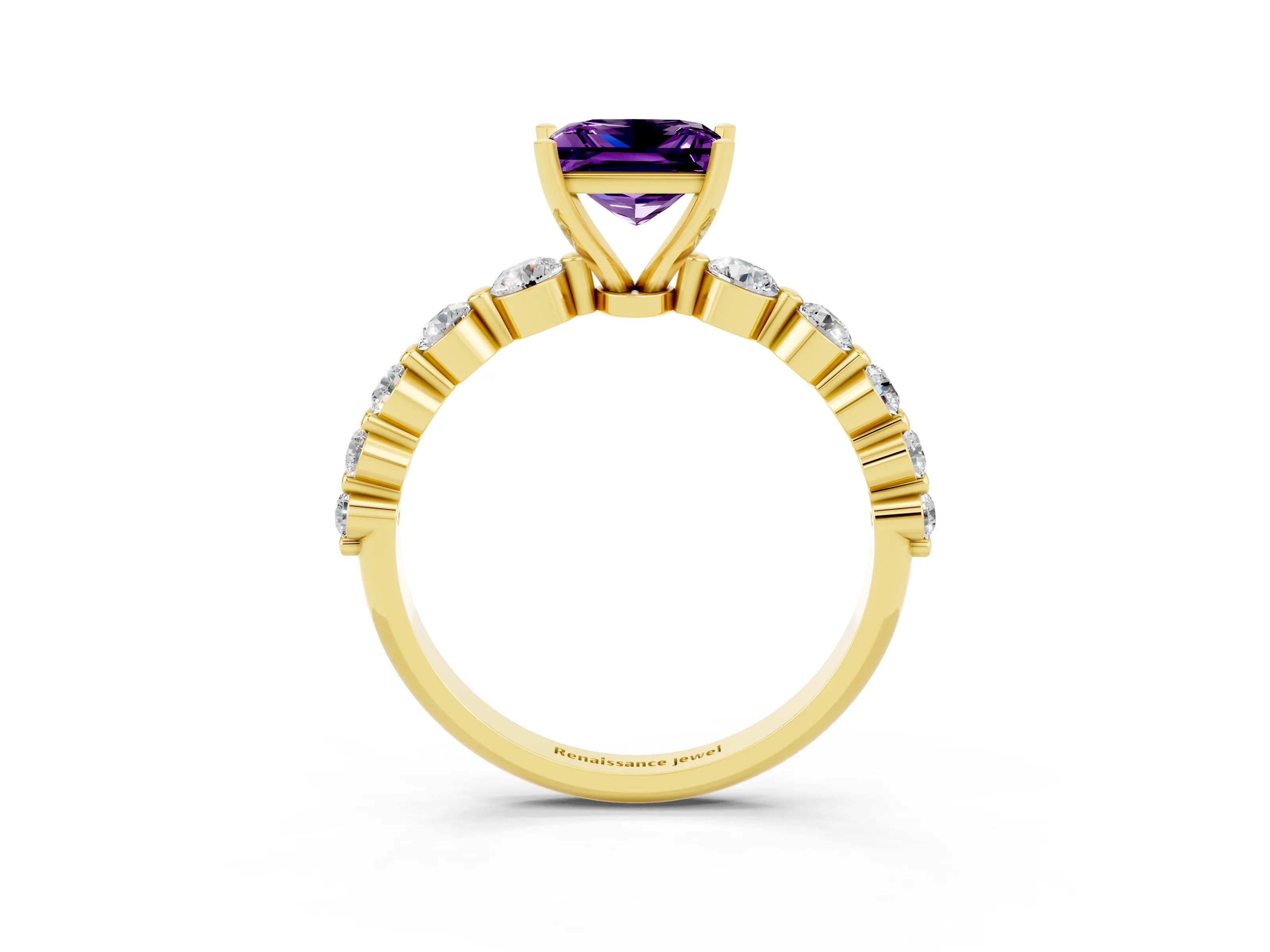 Yellow gold Princess Cut Solitaire Amethyst Ring with Pave Band and Four-Prong Setting_3