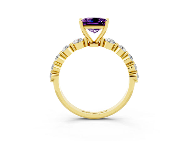 Yellow gold Princess Cut Solitaire Amethyst Ring with Pave Band and Four-Prong Setting