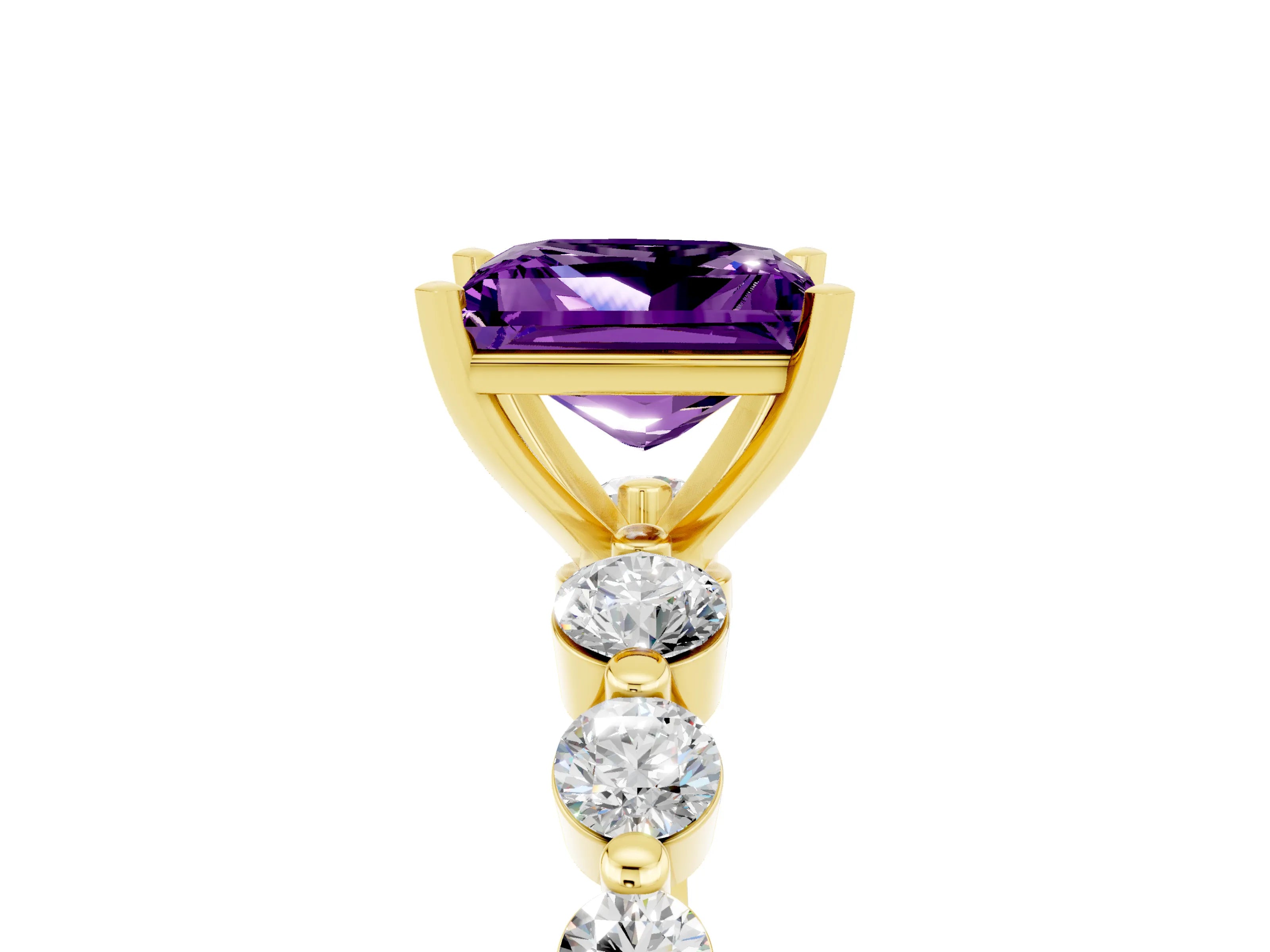 Yellow gold Princess Cut Solitaire Amethyst Ring with Pave Band and Four-Prong Setting_5