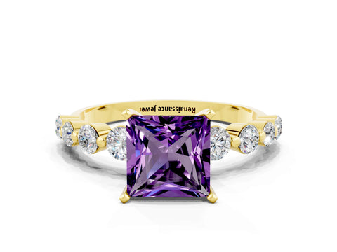 Yellow gold Princess Cut Solitaire Amethyst Ring with Pave Band and Four-Prong Setting