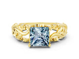 Yellow gold Princess Cut Solitaire Aquamarine Leaf-Inspired Vine Band Ring with Prong Setting