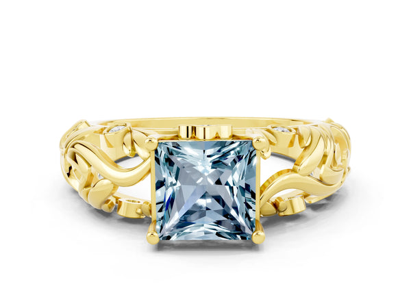 Yellow gold Princess Cut Solitaire Aquamarine Leaf-Inspired Vine Band Ring with Prong Setting
