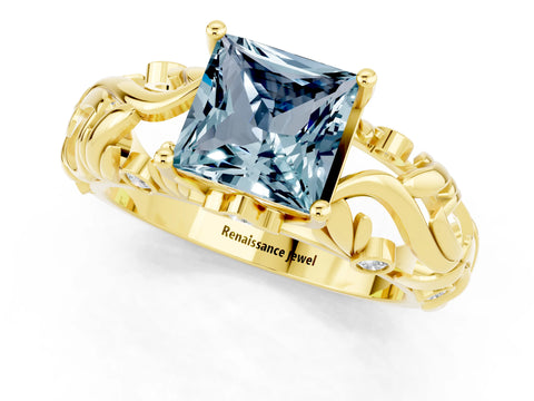 Yellow gold Princess Cut Solitaire Aquamarine Leaf-Inspired Vine Band Ring with Prong Setting_1