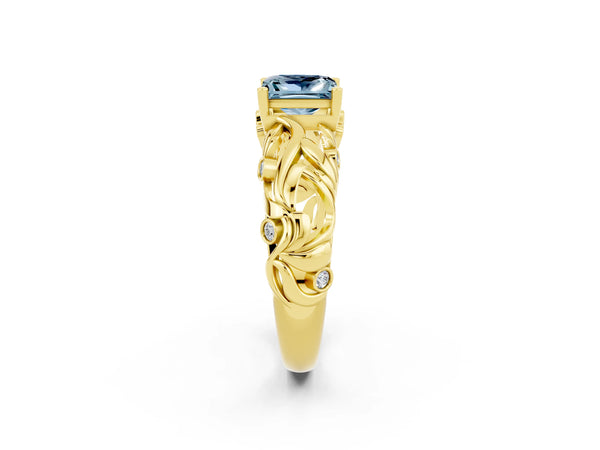 Yellow gold Princess Cut Solitaire Aquamarine Leaf-Inspired Vine Band Ring with Prong Setting