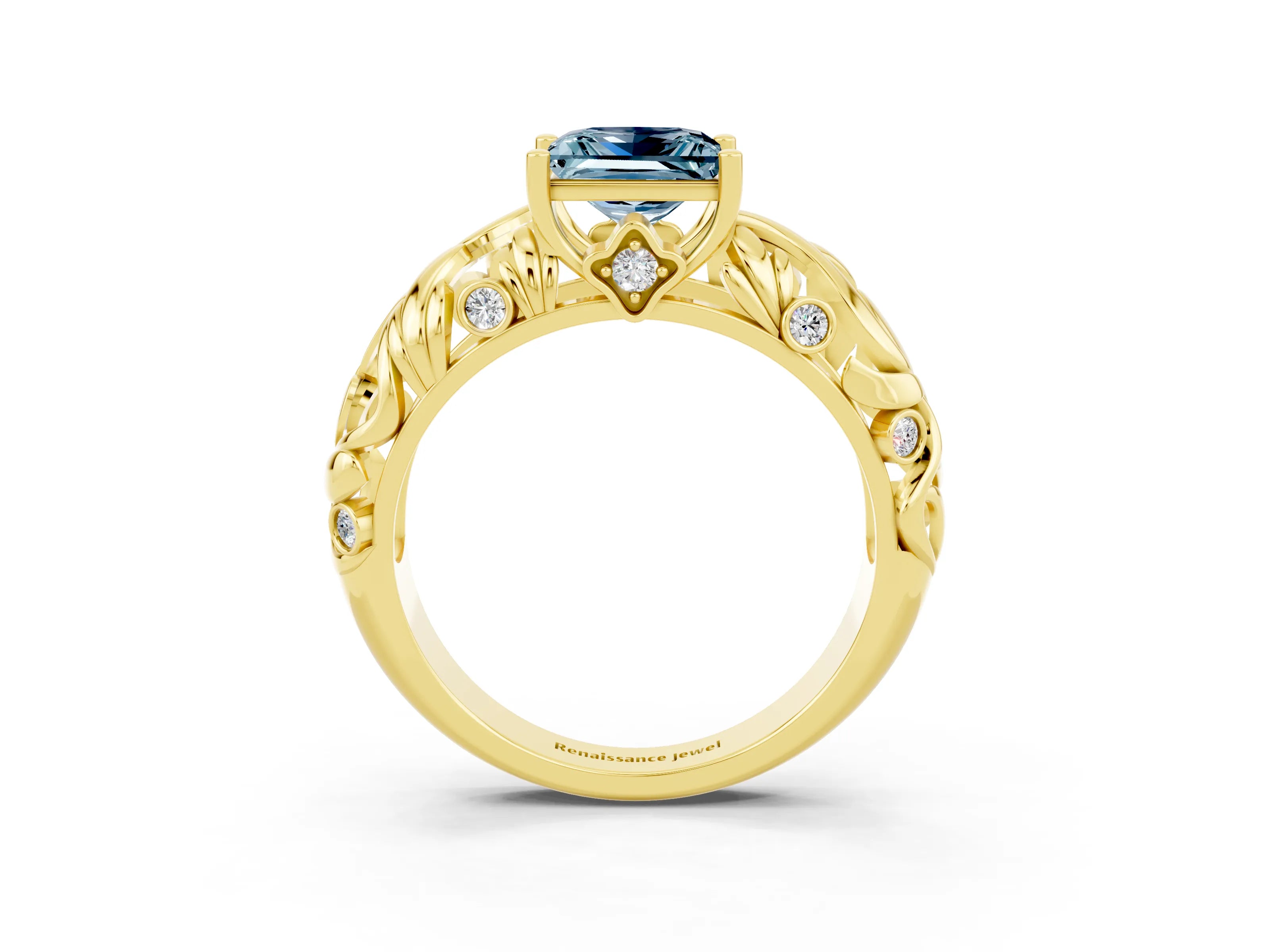 Yellow gold Princess Cut Solitaire Aquamarine Leaf-Inspired Vine Band Ring with Prong Setting_3