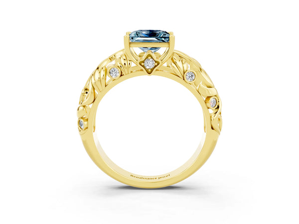 Yellow gold Princess Cut Solitaire Aquamarine Leaf-Inspired Vine Band Ring with Prong Setting