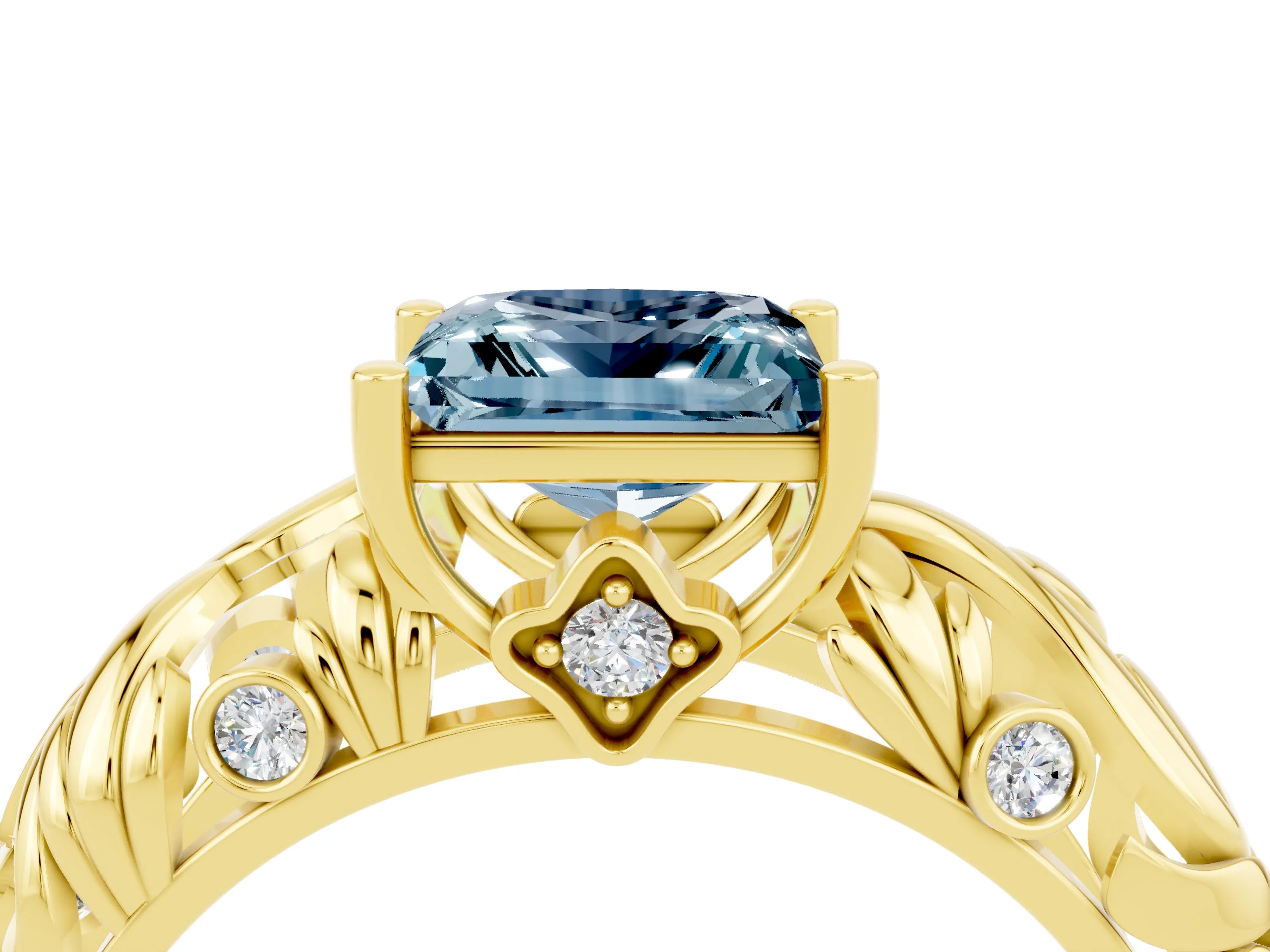Yellow gold Princess Cut Solitaire Aquamarine Leaf-Inspired Vine Band Ring with Prong Setting_4
