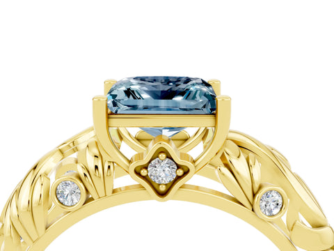 Yellow gold Princess Cut Solitaire Aquamarine Leaf-Inspired Vine Band Ring with Prong Setting_4