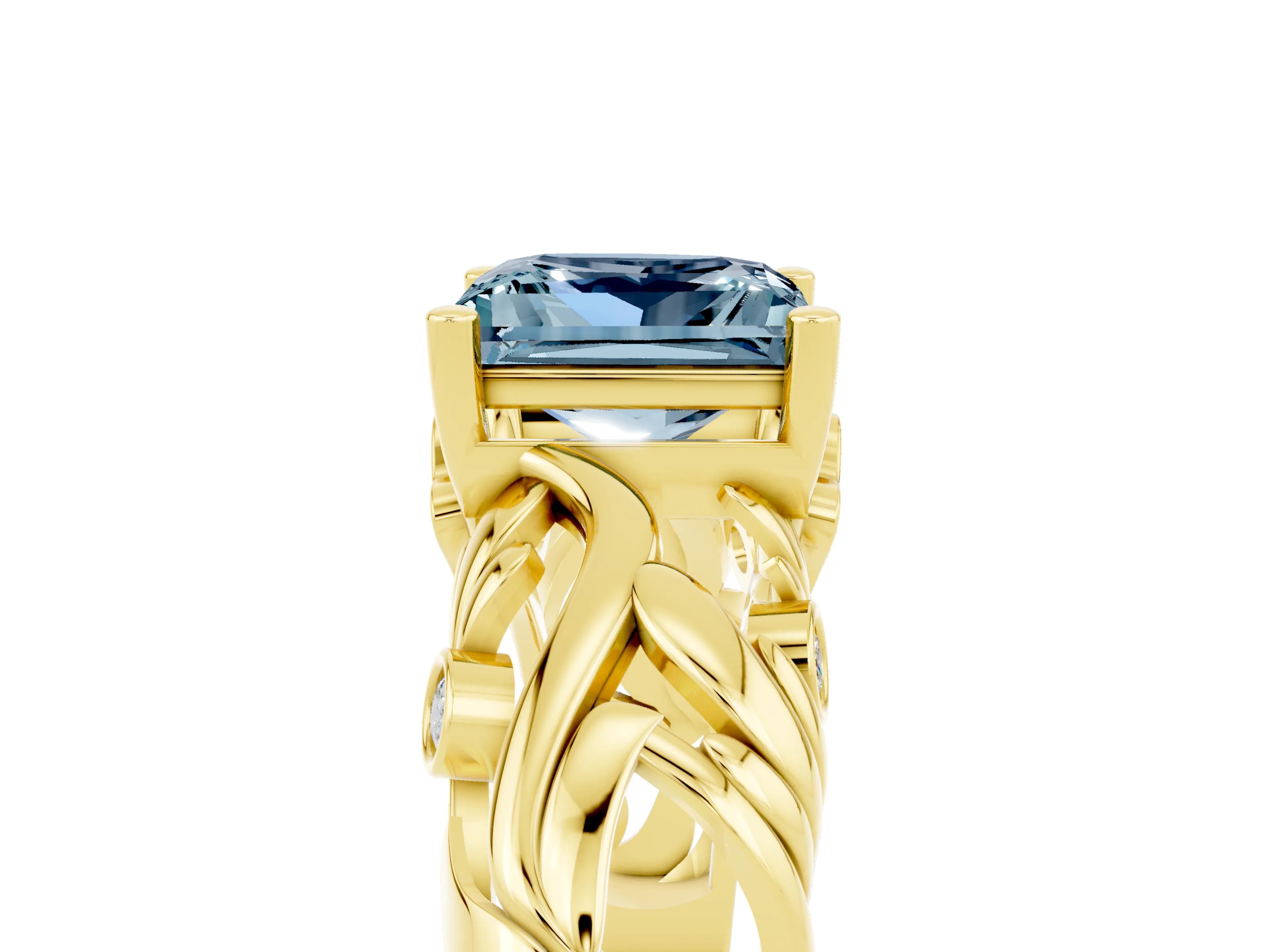 Yellow gold Princess Cut Solitaire Aquamarine Leaf-Inspired Vine Band Ring with Prong Setting_5