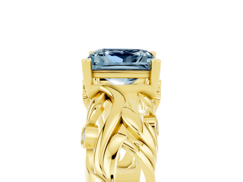 Yellow gold Princess Cut Solitaire Aquamarine Leaf-Inspired Vine Band Ring with Prong Setting_5
