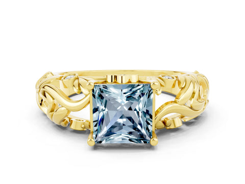 Yellow gold Princess Cut Solitaire Aquamarine Leaf-Inspired Vine Band Ring with Prong Setting