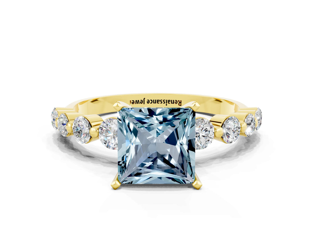 Yellow gold Princess Cut Solitaire Aquamarine Ring with Pave Band and Four-Prong Setting