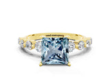 Yellow gold Princess Cut Solitaire Aquamarine Ring with Pave Band and Four-Prong Setting
