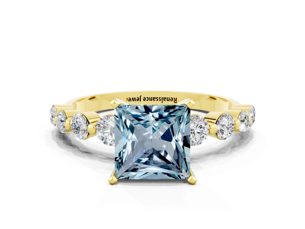 Yellow gold Princess Cut Solitaire Aquamarine Ring with Pave Band and Four-Prong Setting