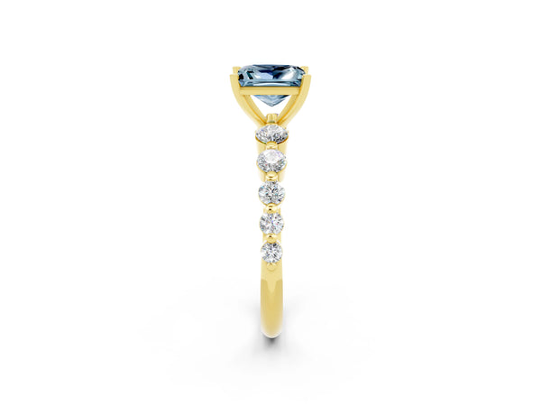Yellow gold Princess Cut Solitaire Aquamarine Ring with Pave Band and Four-Prong Setting