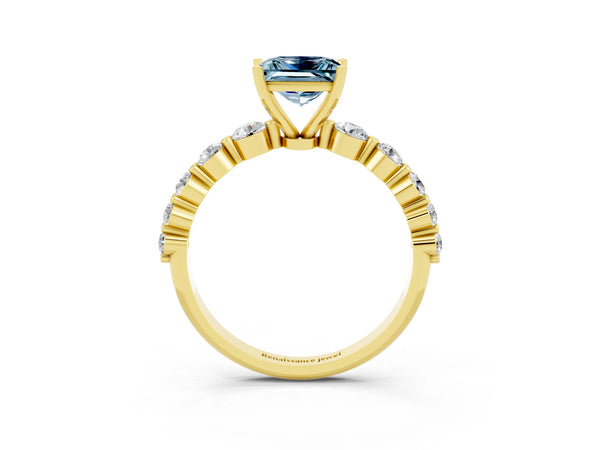 Yellow gold Princess Cut Solitaire Aquamarine Ring with Pave Band and Four-Prong Setting