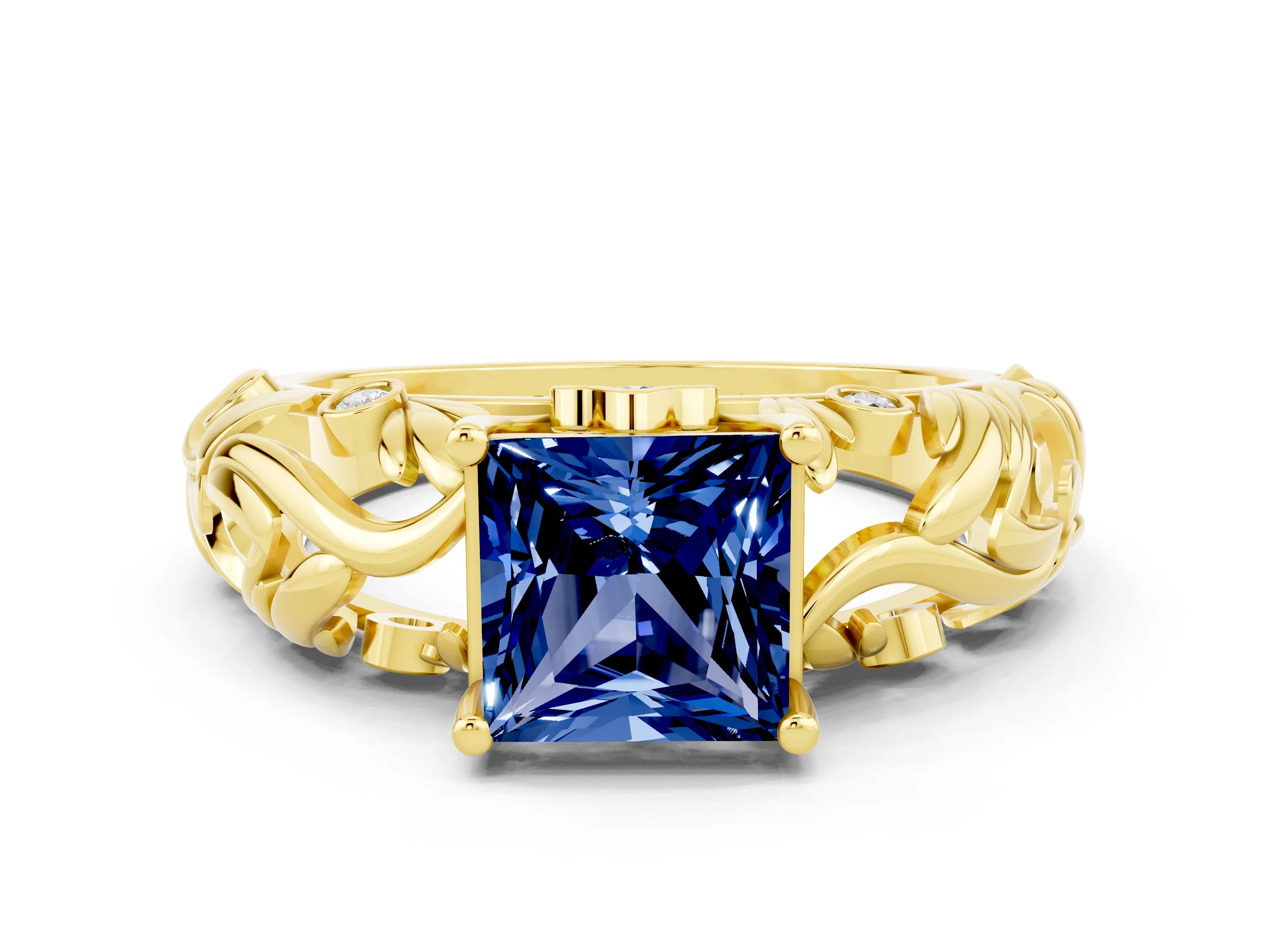 Yellow gold Princess Cut Solitaire Blue Sapphire Leaf-Inspired Vine Band Ring with Prong Setting