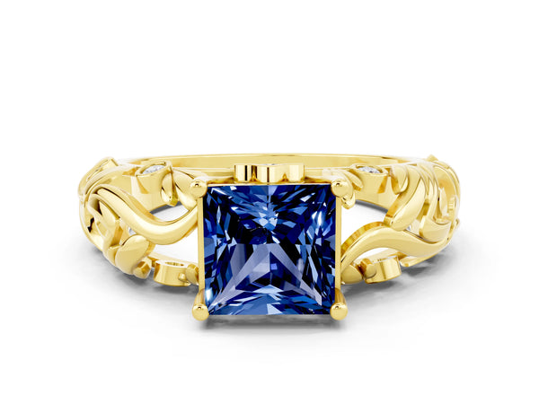 Yellow gold Princess Cut Solitaire Blue Sapphire Leaf-Inspired Vine Band Ring with Prong Setting