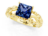 Yellow gold Princess Cut Solitaire Blue Sapphire Leaf-Inspired Vine Band Ring with Prong Setting_1