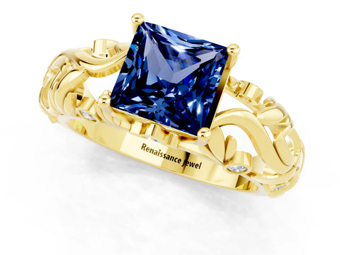 Yellow gold Princess Cut Solitaire Blue Sapphire Leaf-Inspired Vine Band Ring with Prong Setting_1