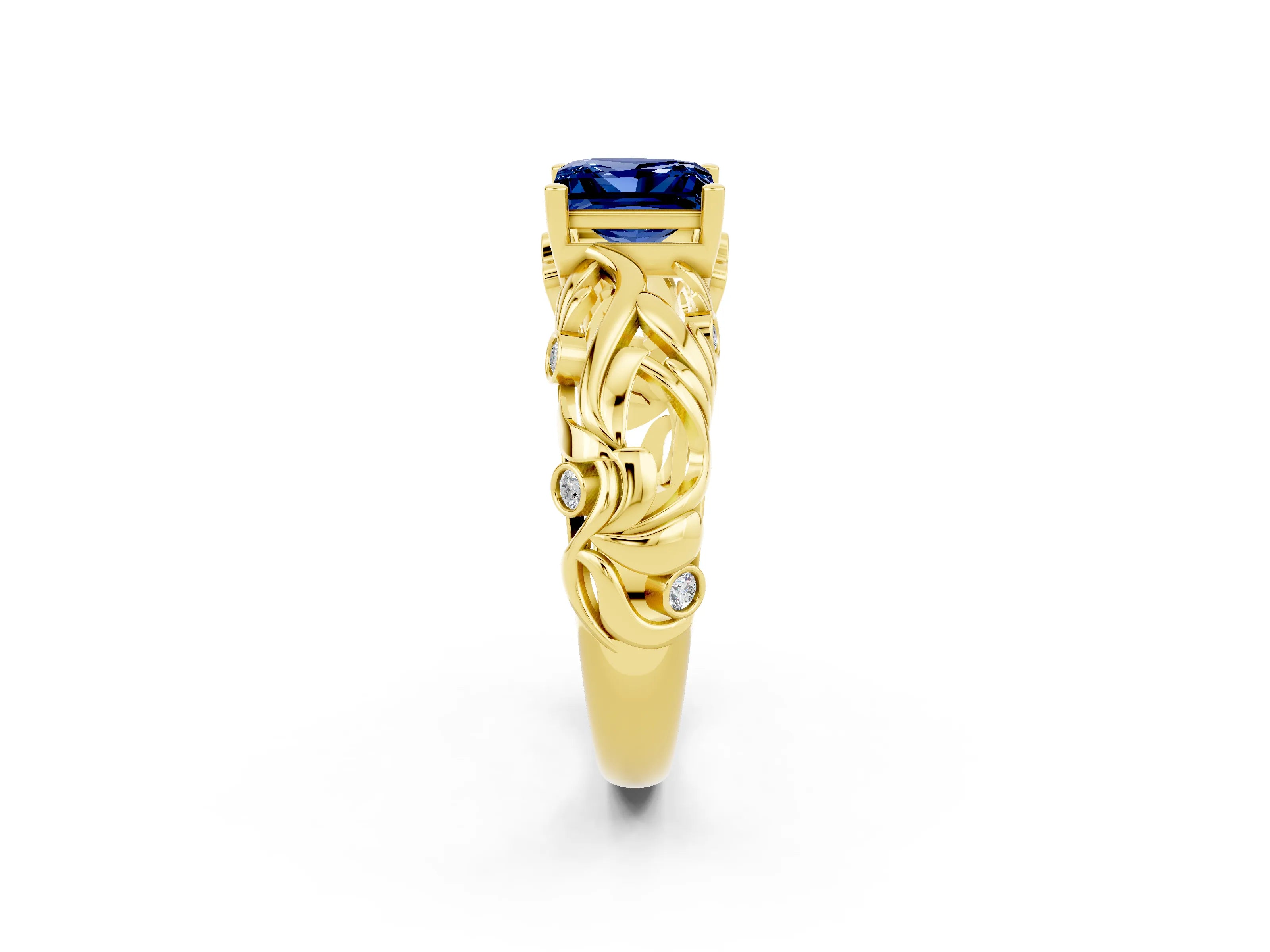 Yellow gold Princess Cut Solitaire Blue Sapphire Leaf-Inspired Vine Band Ring with Prong Setting_2