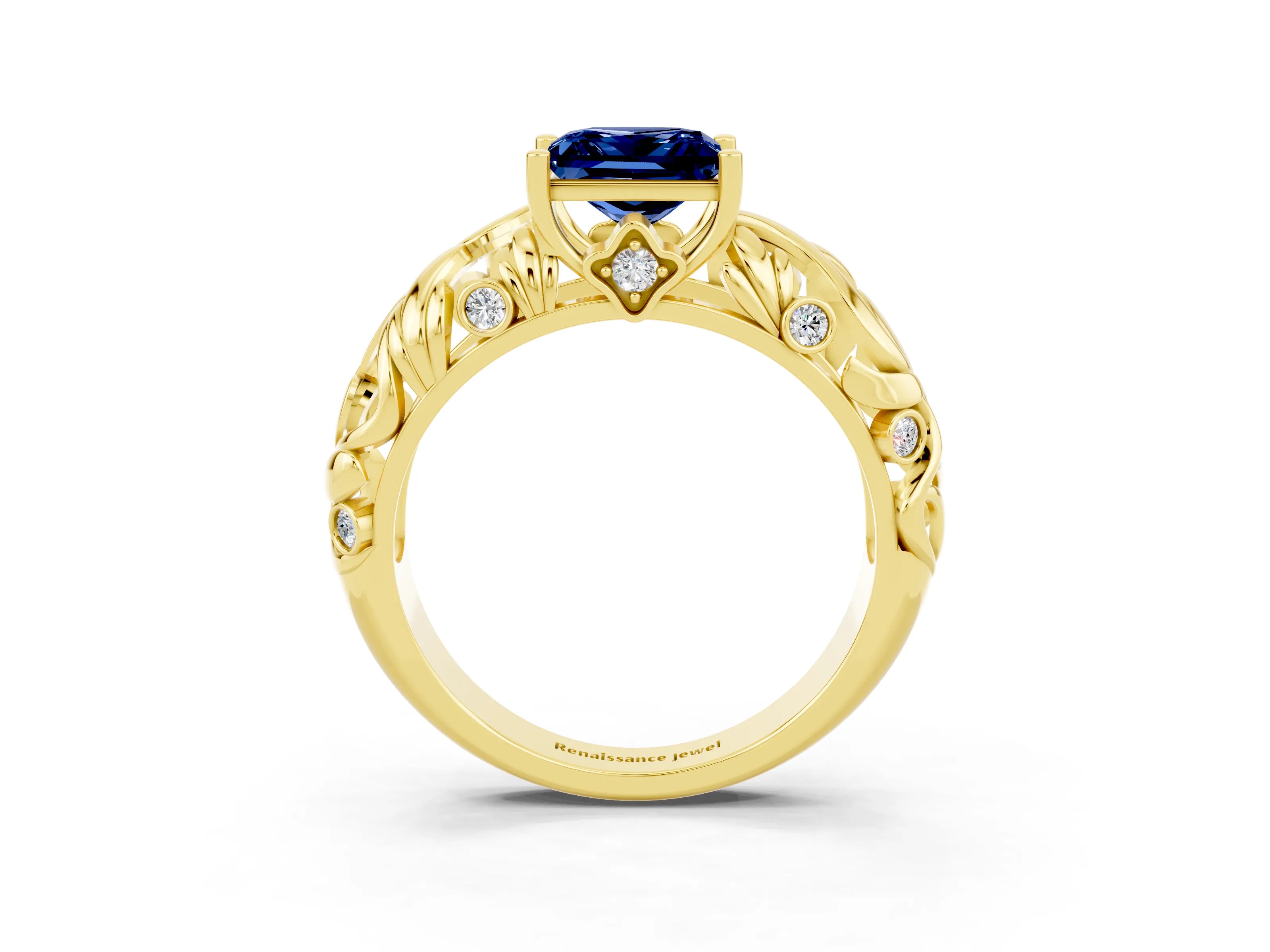 Yellow gold Princess Cut Solitaire Blue Sapphire Leaf-Inspired Vine Band Ring with Prong Setting_3
