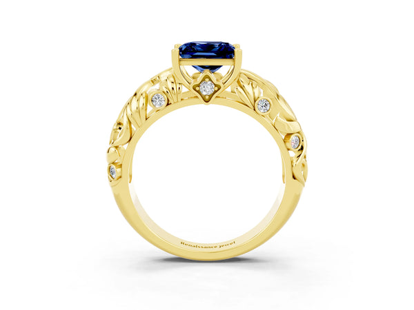 Yellow gold Princess Cut Solitaire Blue Sapphire Leaf-Inspired Vine Band Ring with Prong Setting