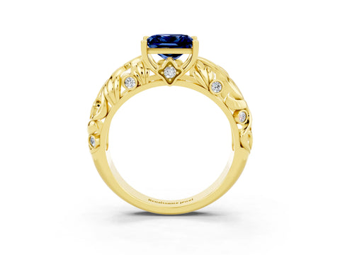 Yellow gold Princess Cut Solitaire Blue Sapphire Leaf-Inspired Vine Band Ring with Prong Setting_3
