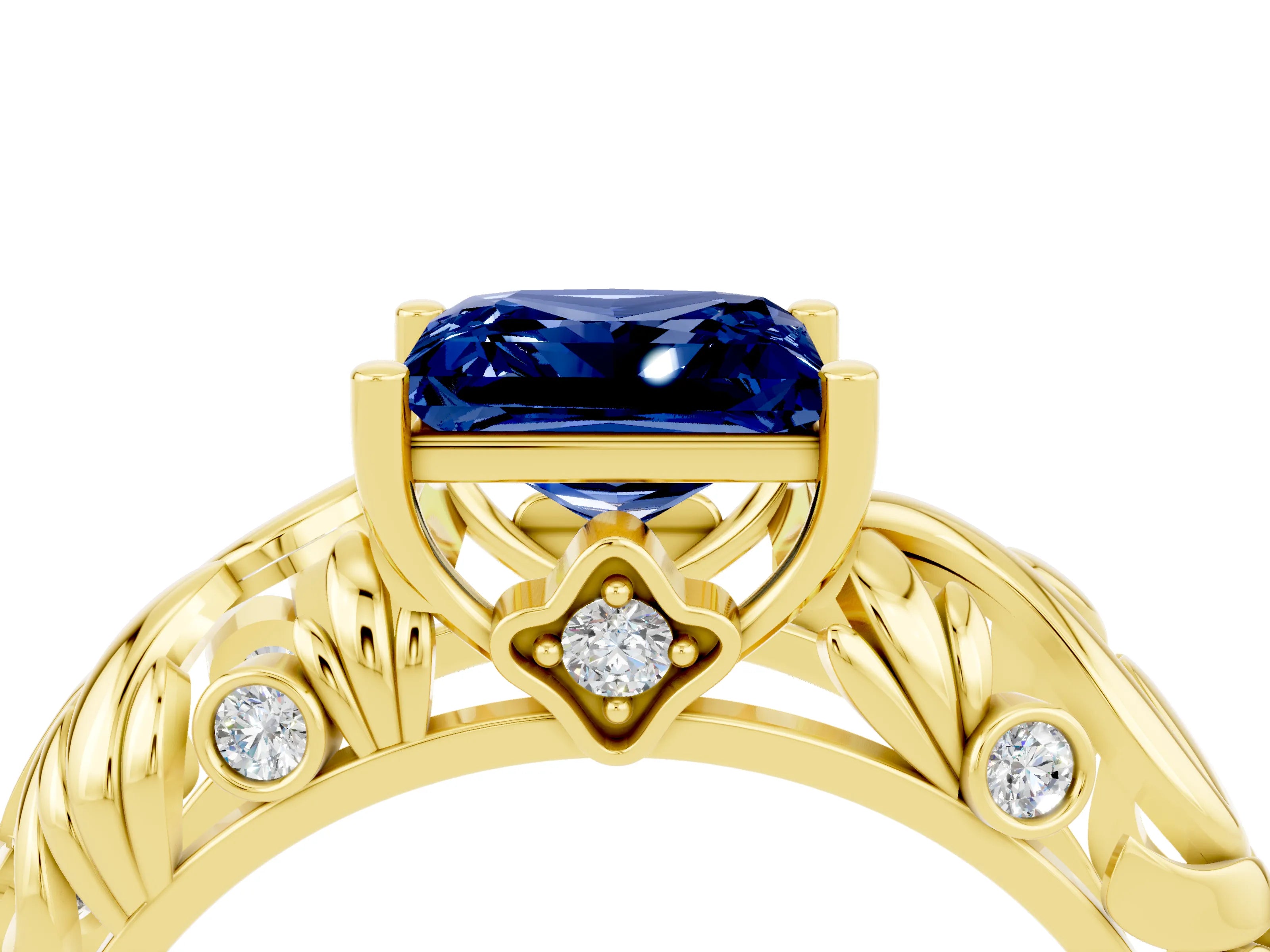 Yellow gold Princess Cut Solitaire Blue Sapphire Leaf-Inspired Vine Band Ring with Prong Setting_4