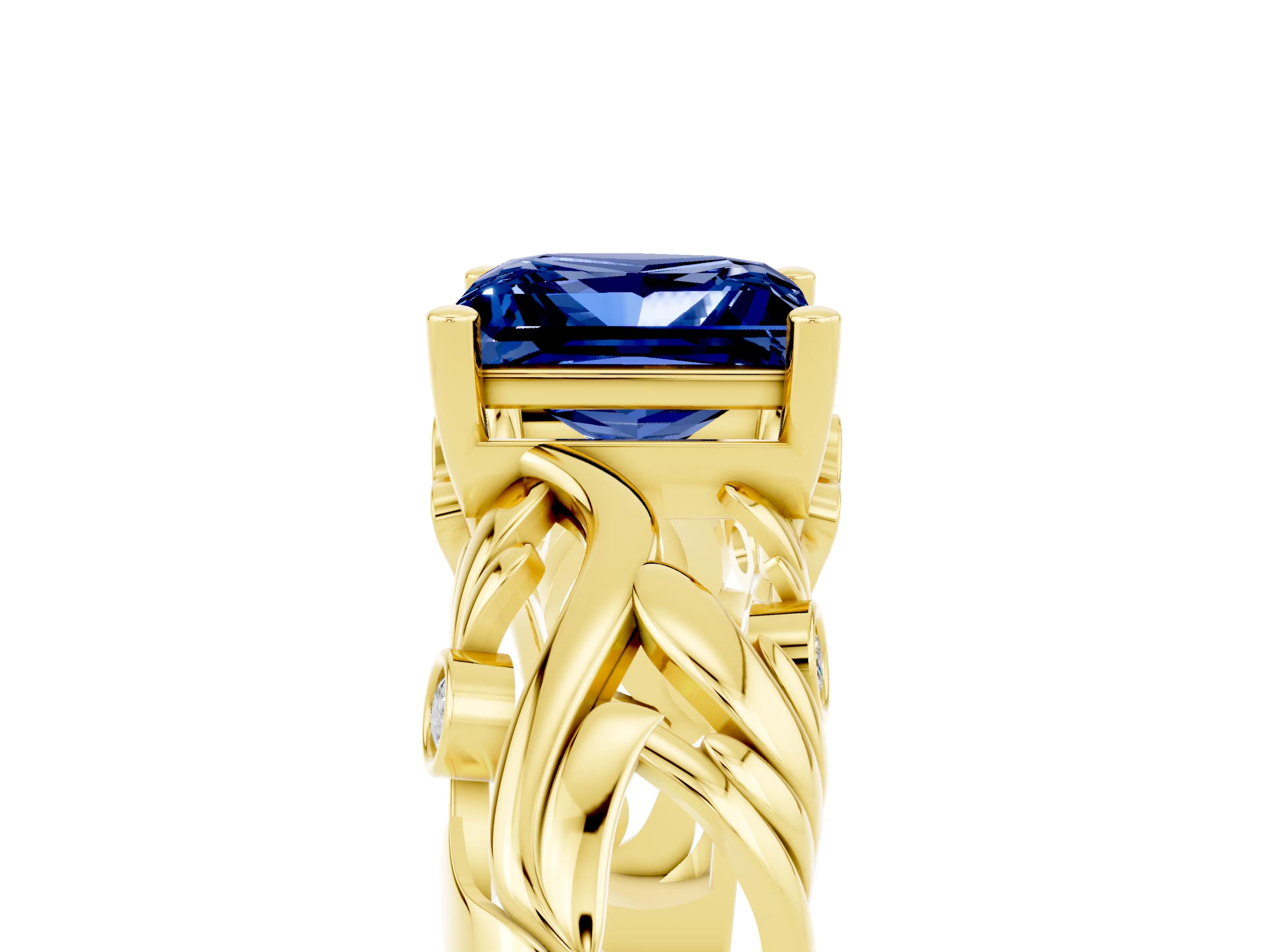 Yellow gold Princess Cut Solitaire Blue Sapphire Leaf-Inspired Vine Band Ring with Prong Setting_5