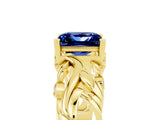 Yellow gold Princess Cut Solitaire Blue Sapphire Leaf-Inspired Vine Band Ring with Prong Setting_5