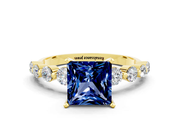 Yellow gold Princess Cut Solitaire Blue Sapphire Ring with Pave Band and Four-Prong Setting