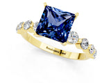 Yellow gold Princess Cut Solitaire Blue Sapphire Ring with Pave Band and Four-Prong Setting_1