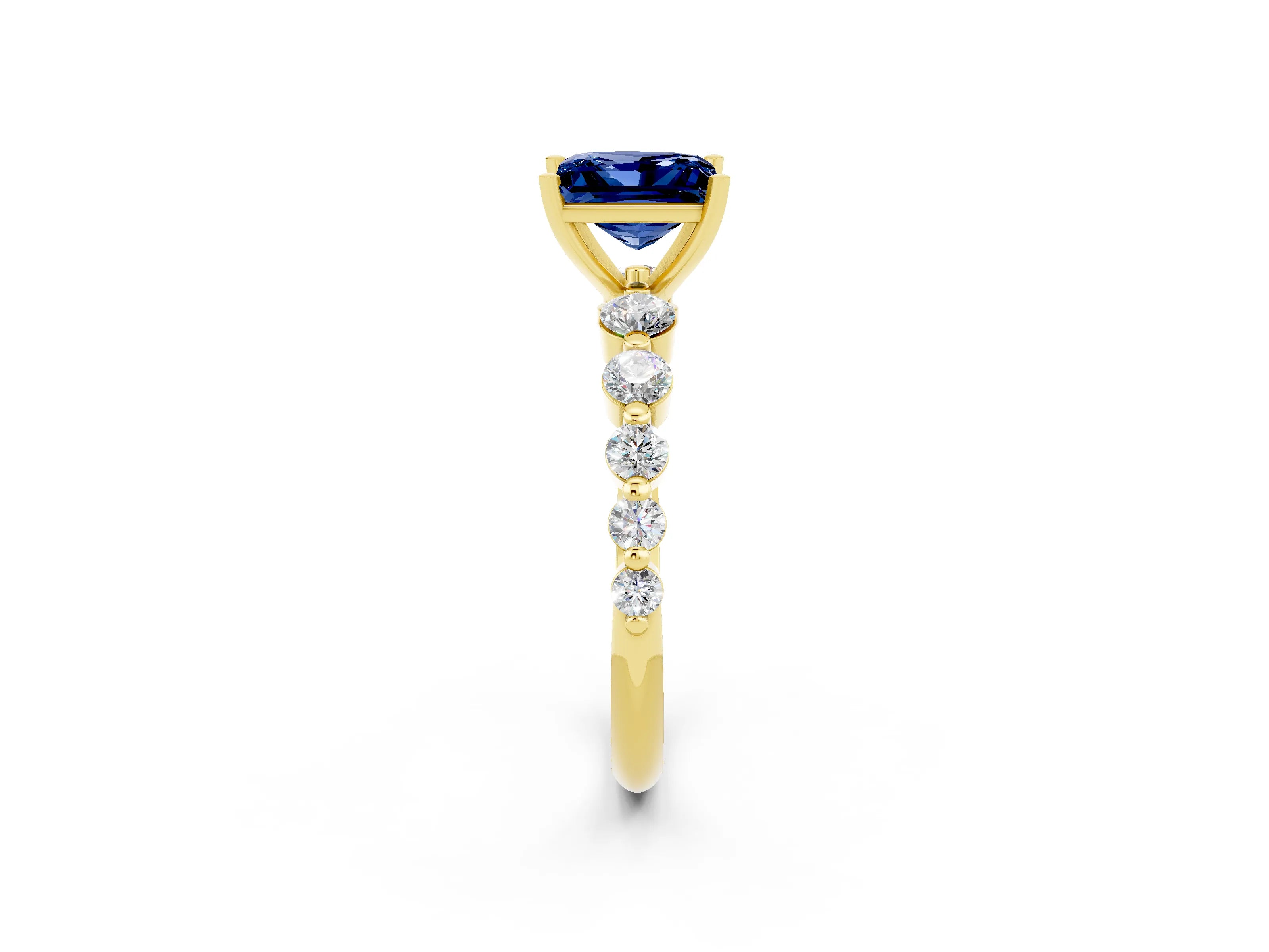 Yellow gold Princess Cut Solitaire Blue Sapphire Ring with Pave Band and Four-Prong Setting_2