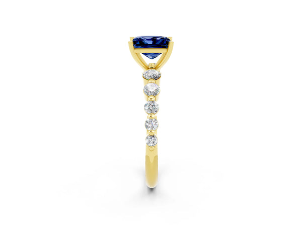 Yellow gold Princess Cut Solitaire Blue Sapphire Ring with Pave Band and Four-Prong Setting