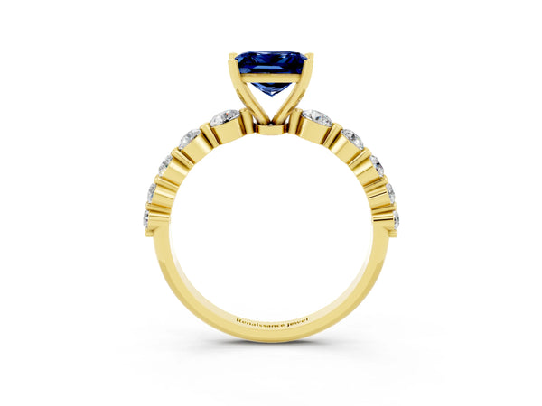 Yellow gold Princess Cut Solitaire Blue Sapphire Ring with Pave Band and Four-Prong Setting