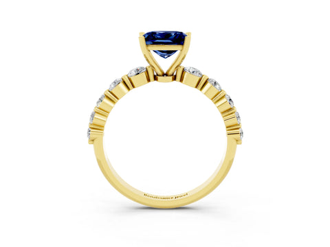 Yellow gold Princess Cut Solitaire Blue Sapphire Ring with Pave Band and Four-Prong Setting_3