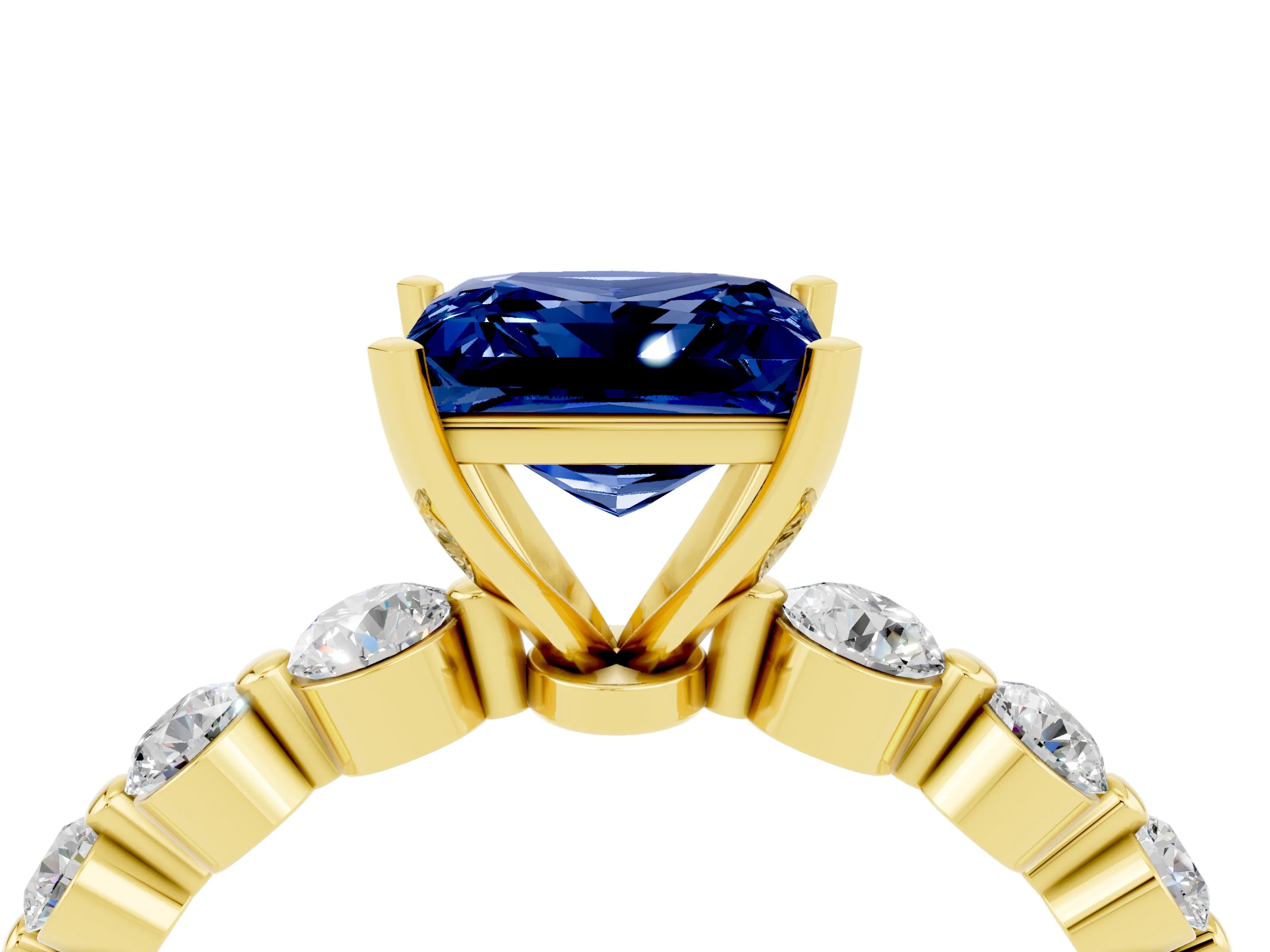 Yellow gold Princess Cut Solitaire Blue Sapphire Ring with Pave Band and Four-Prong Setting_4
