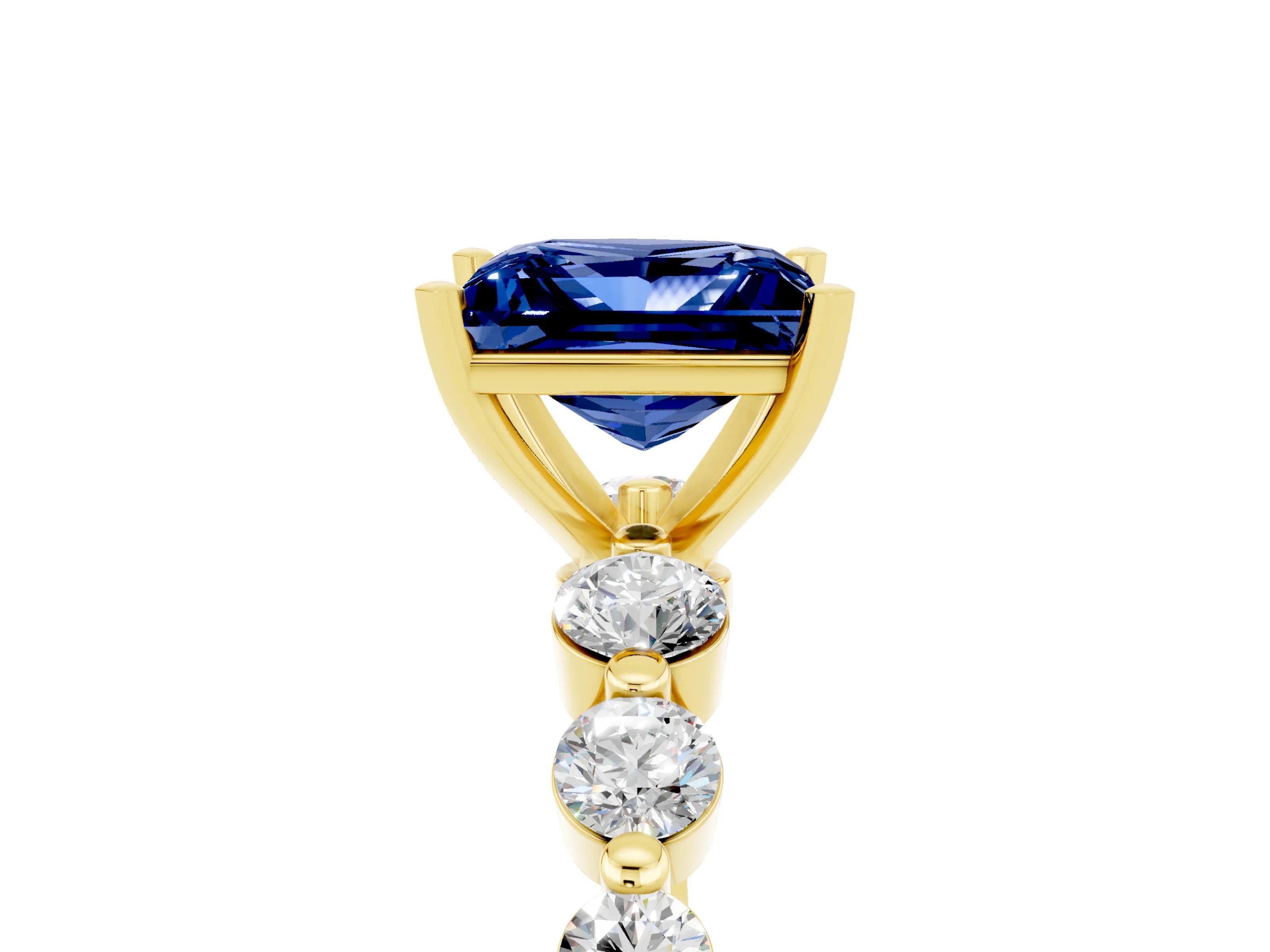 Yellow gold Princess Cut Solitaire Blue Sapphire Ring with Pave Band and Four-Prong Setting_5